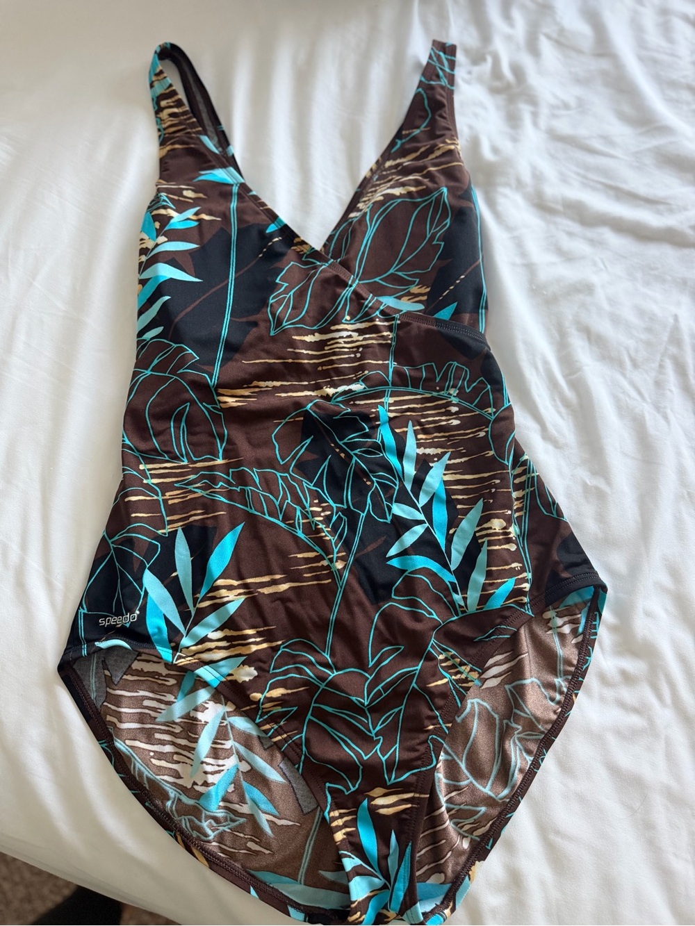 Speedo Brown One-Piece Swimsuit with Teal & Gold Leaf Print - Picture 2 of 4